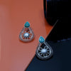 SILVER EARRING WITH FLIGREE DROP,JADE STONE & FLOWER ON CENTER