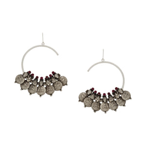 Oxidised Silver Coin Half Bali Earrings with Red Crystals Worn By Shilpa Shetty