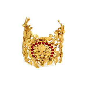 Gold Toned Rose Vine Cuff with Chandra Motif & Red Crystals