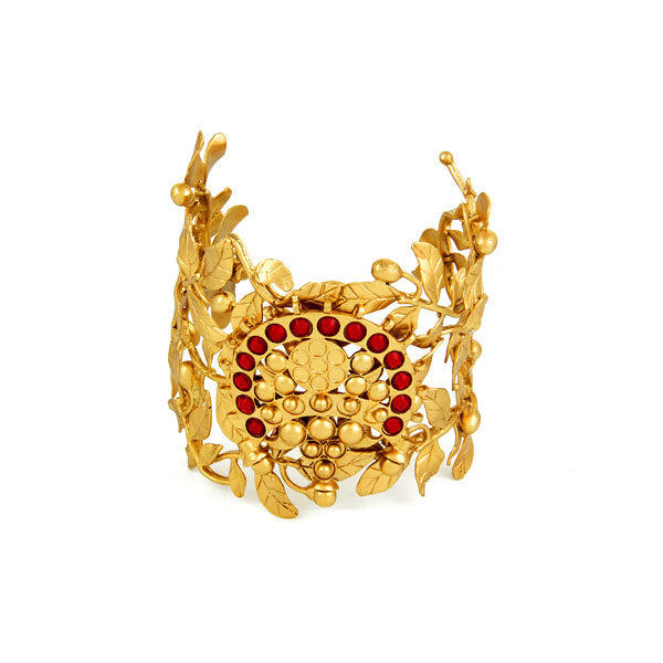 Gold Toned Rose Vine Cuff with Chandra Motif & Red Crystals