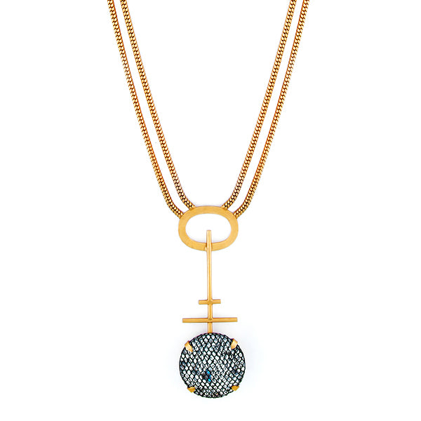 Gold Toned Double Layer Necklace with Black Netted Crystal Key Pendant ...