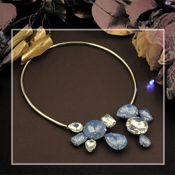 Silver Toned Back to Front Necklace with Blue Netted & White Crystals