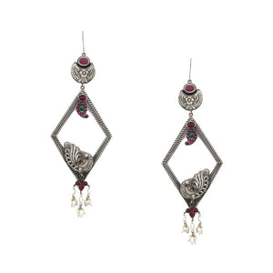Oxidised 92.5 Silver Peacock Diamond-Shaped Earrings with Crystals & Pearls