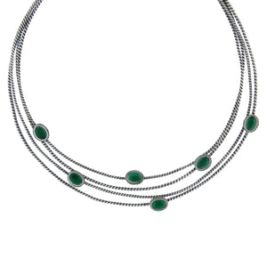 Oxidised Silver Multi-Line Necklace with Green Crystals