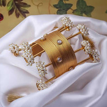 Load image into Gallery viewer, Gold Toned Lines Open Cuff with Pearl Clusters
