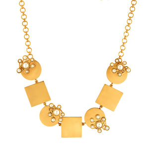 GOLD PLATED CLUSTER PEARL, ROUND AND SQUARE BRICK NECKPIECE