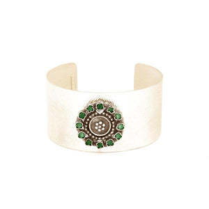 Sterling Silver Broad Cuff with with Green Crystal Circle Pendant