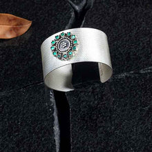 Load image into Gallery viewer, Sterling Silver Broad Cuff with with Green Crystal Circle Pendant
