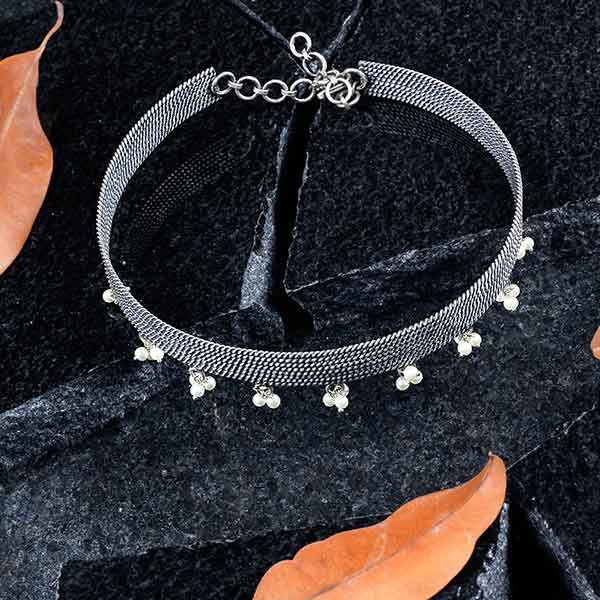 Sterling Silver Twisted Lines Choker Necklace with Pearls