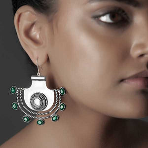 Sterling Silver Pankha Drop Earrings with Green Crystals