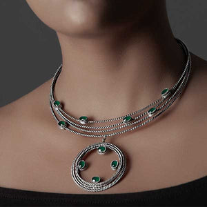 Sterling Silver Twisted Lines Necklace with Green Crystals