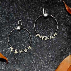 Sterling Silver Twisted Line Hoop Earrings with Crystals & Pearls