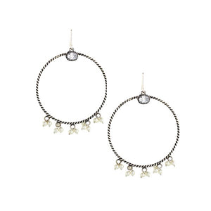 Sterling Silver Twisted Line Hoop Earrings with Crystals & Pearls