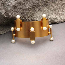 Load image into Gallery viewer, gold-toned-brick-&amp;-pearl-broad-cuff
