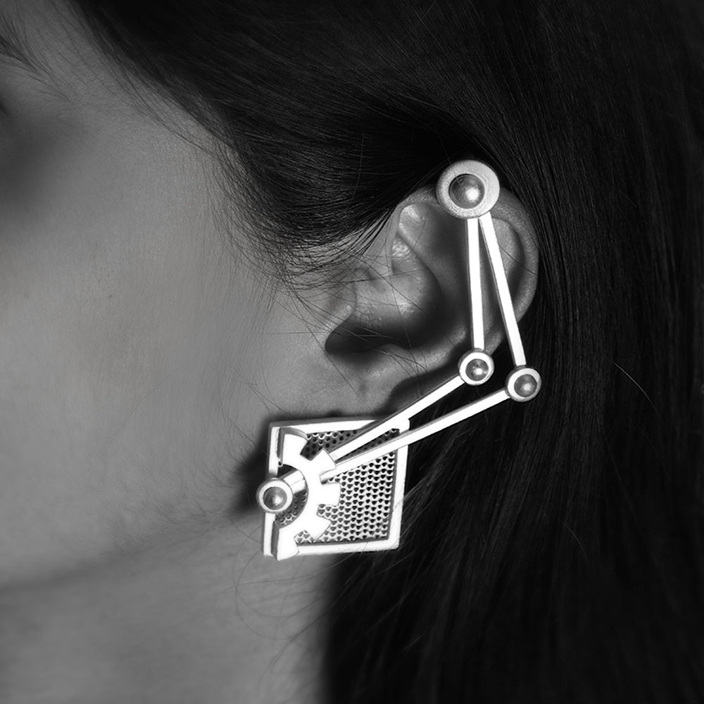 SILVER TONED INDUSTRIAL EAR CUFFS WITH ANGULAR HARDWARE DETAILS