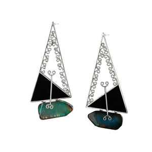 STERLING SILVER TRIANGULAR FILIGREE EARRINGS WITH AGATE STONE