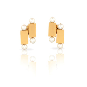 GOLD TONED BRICK AND PEARL DUO STUD EARRINGS