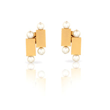 Load image into Gallery viewer, GOLD TONED BRICK AND PEARL DUO STUD EARRINGS
