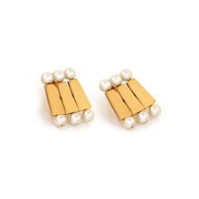 Load image into Gallery viewer, GOLD TONED BRICK AND PEARL STACKED TRIO STUD EARRINGS
