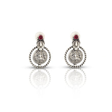 Load image into Gallery viewer, OXIDISED SILVER CIRCULAR COIN STUD EARRINGS WITH RED CRYSTALS
