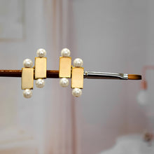 Load image into Gallery viewer, GOLD TONED BRICK AND PEARL DUO STUD EARRINGS

