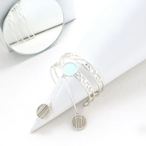 SILVER TONED DOUBLE LINED DOTTED CUFF WITH CYAN ACRYLIC CIRCLE & PENDULUM PENDANTS