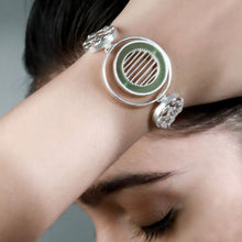Load image into Gallery viewer, SILVER TONED BRACELET WITH CHARTREUSE ACRYLIC TANGENT &amp; DOTTED CIRCLES
