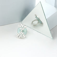 Load image into Gallery viewer, SILVER TONED CYAN ACRYLIC CIRCLE RING WITH CONNECTING DOTTED TRIANGLES
