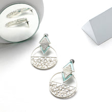Load image into Gallery viewer, SILVER TONED COILED CYAN ACRYLIC TRIANGLE DROP EARRINGS WITH SPLIT DOTTED CIRCLES
