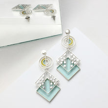 Load image into Gallery viewer, SILVER TONED CYAN ACRYLIC RHOMBUS DROP EARRINGS WITH SPLIT DOTTED DETAIL
