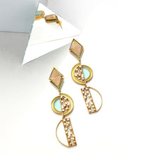 Load image into Gallery viewer, GOLD TONED SEMI-CIRCULAR DOTTED DROP EARRINGS WITH ACRYLIC ARCS
