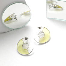 Load image into Gallery viewer, SILVER TONED SEMI-CIRCULAR STUDS WITH YELLOW ACRYLIC ARC &amp; TWIST LINED CIRCLE
