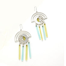 Load image into Gallery viewer, SILVER TONED SEMI-CIRCULAR DROP EARRINGS WITH MIXED ACRYLIC BAR CHARMS
