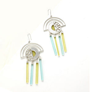 SILVER TONED SEMI-CIRCULAR DROP EARRINGS WITH MIXED ACRYLIC BAR CHARMS