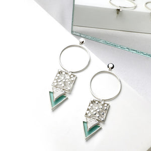 SILVER TONED  DROP EARRINGS WITH DOTTED BLOCK & CYAN ACRYLIC TRIANGLE WORN BY SANIA MIRZA