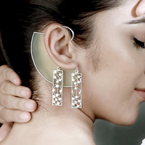 SILVER TONED YELLOW ARC EAR CUFFS WITH DOTTED BLOCK CHARMS