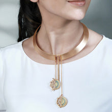 Load image into Gallery viewer, GOLD TONED COLLAR NECKLACE WITH SPLIT CIRCULAR ACRYLIC &amp; DOTTED PENDULUM CHARMS
