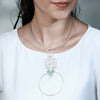 SILVER TONED CIRCULAR PENDANT COLLAR NECKLACE WITH CYAN ACRYLIC & DOTTED DETAIL