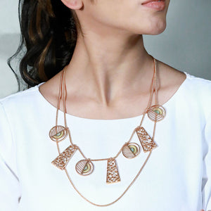 GOLD TONED LAYERED NECKLACE WITH DOTTED BLOCK & CIRCULAR ACRYLIC CHARMS