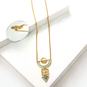 GOLD TONED CHAIN NECKLACE WITH CYAN ACRYLIC ARC & DOTTED SEMI-CIRCULAR PENDANT
