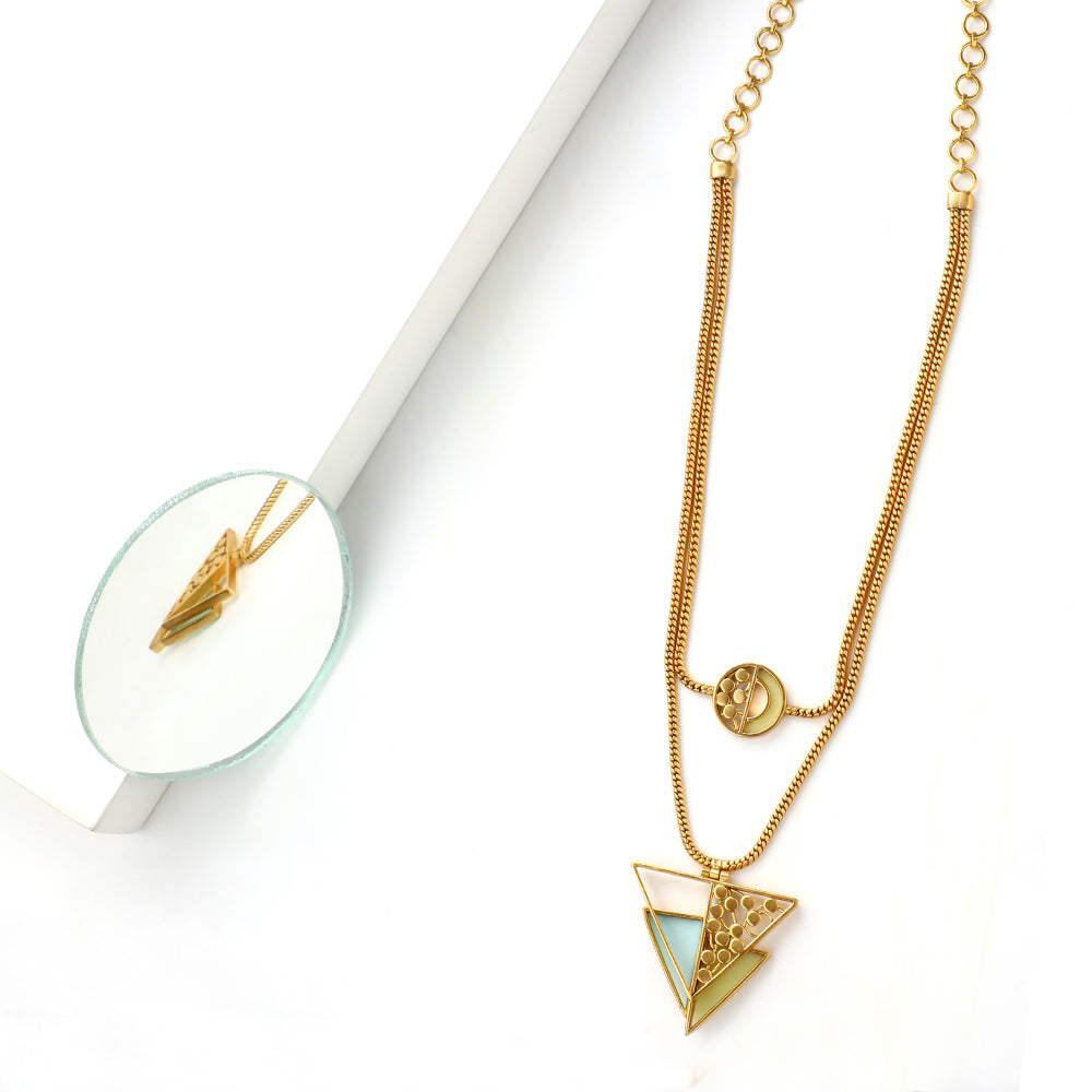 GOLD TONED CHAIN NECKLACE WITH CYAN & CHARTREUSE ACRYLIC DOUBLE TRIANGLE PENDANT