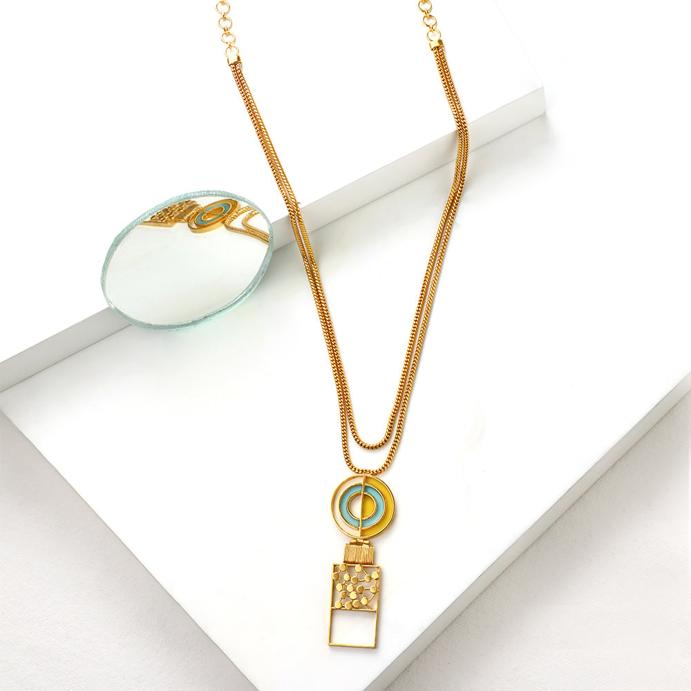 GOLD TONED CHAIN NECKLACE WITH SPLIT CIRCULAR PENDANT FEATURING CYAN & CHARTREUSE ACRYLIC