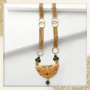 GOLD TONED CHAIN & LINK LONG PEACOCK NECKLACE WITH GREEN Onyx
