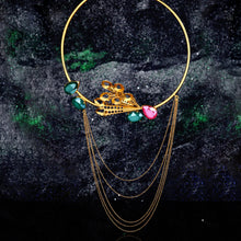 Load image into Gallery viewer, Gold Toned Oval Peacock Plume Collar Necklace With Swarovski Crystals &amp; Cascading Chains
