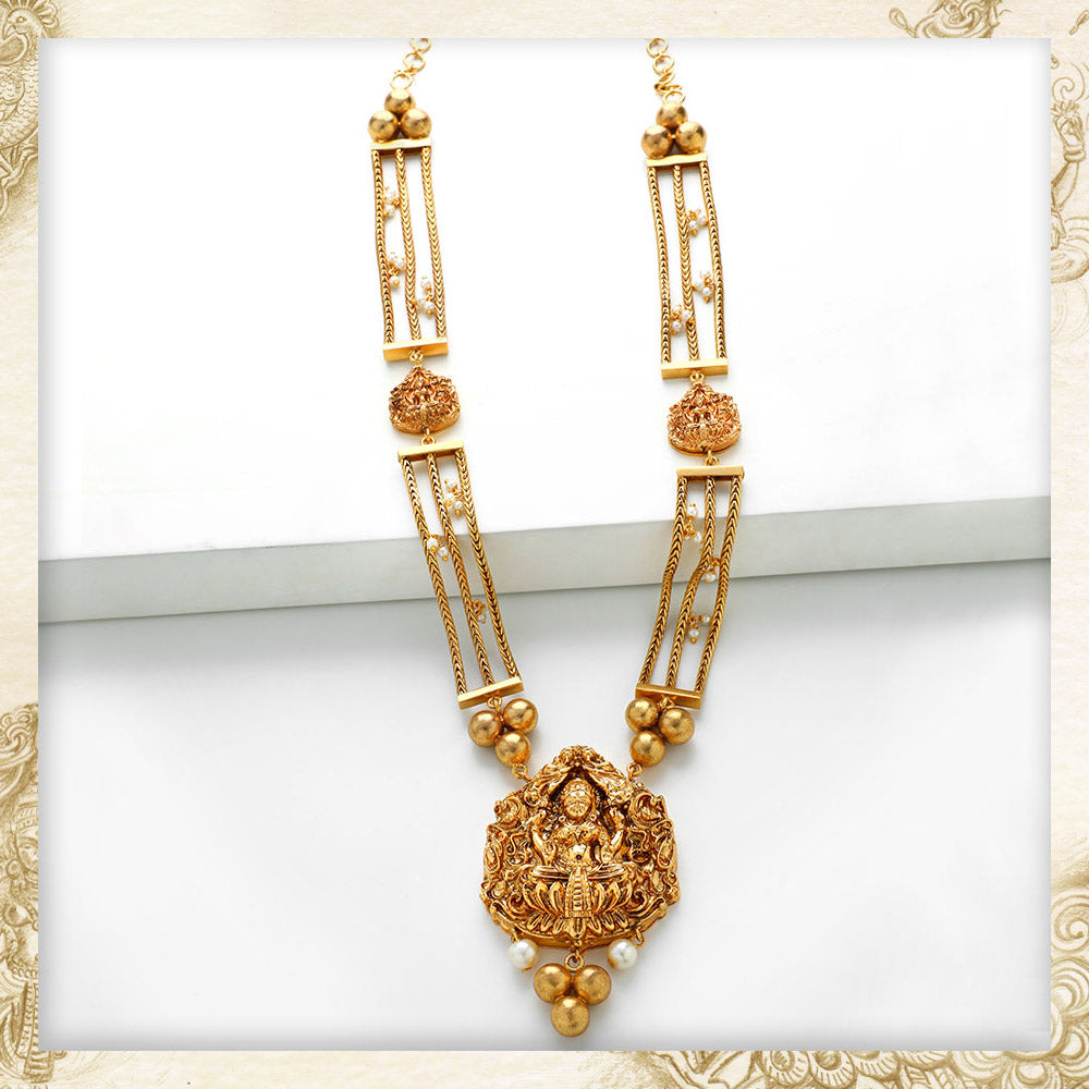 Gold Toned Triple Chain Long Necklace With Lakshmi Pendants