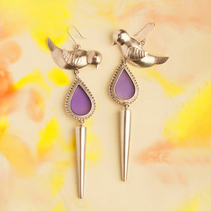 Limited Edition Bird, Coloured Acrylic and Cone earring (Purple)